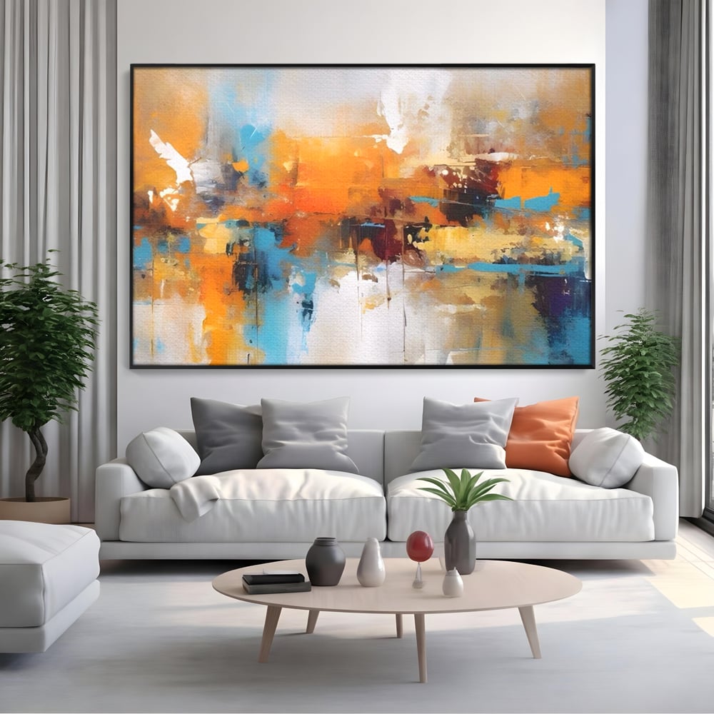 Tablou canvas cu tablou canvas abstract orizontal, in rama de aluminiu negru, pe perete intr-un living